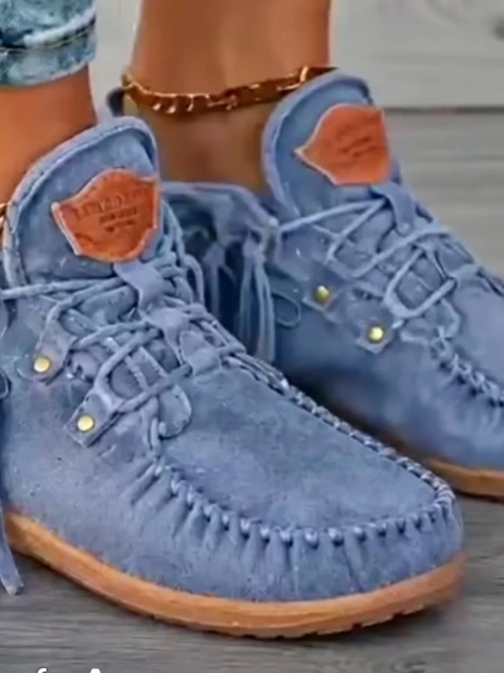 Women's Blue Suede Lace-Up Moccasin Ankle Booties
